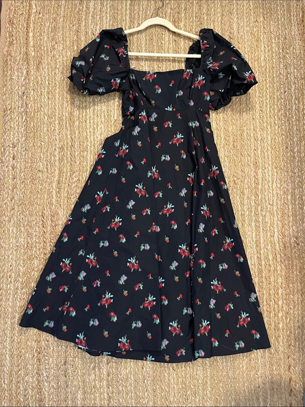 Hill House Black Floral Puff-Sleeve Midi Dress